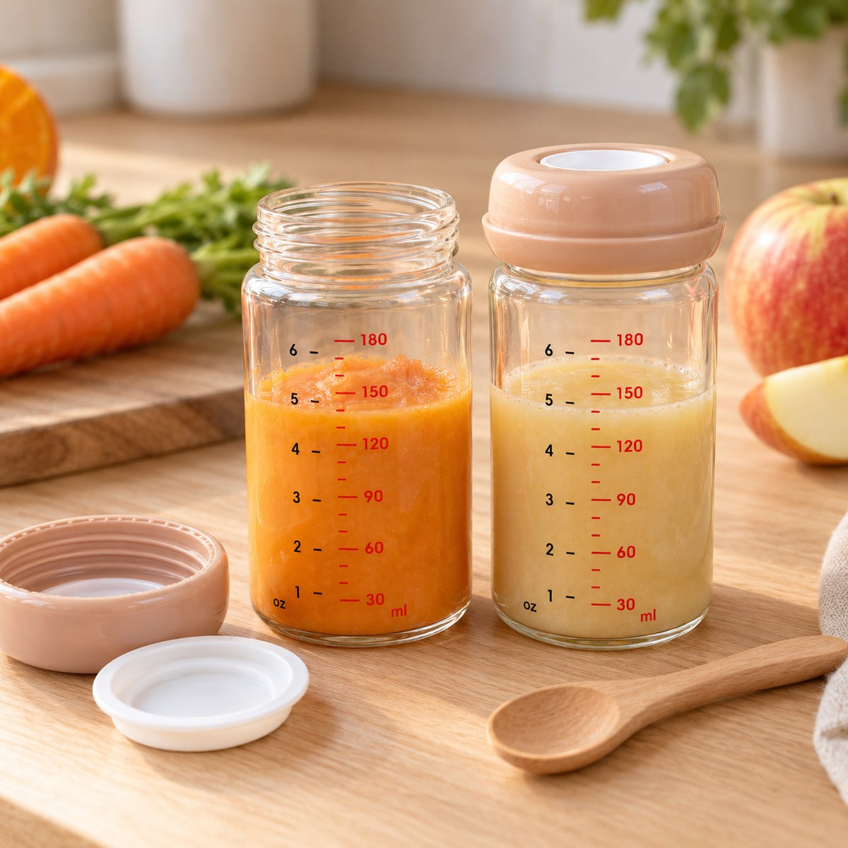 Glazen bewaarflesjes gevuld met groente- en fruitpuree