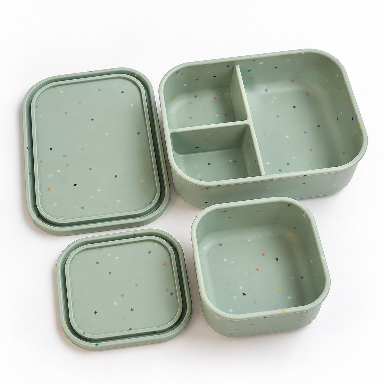 Terrazzo lunchbox set saliegroen open met deksels