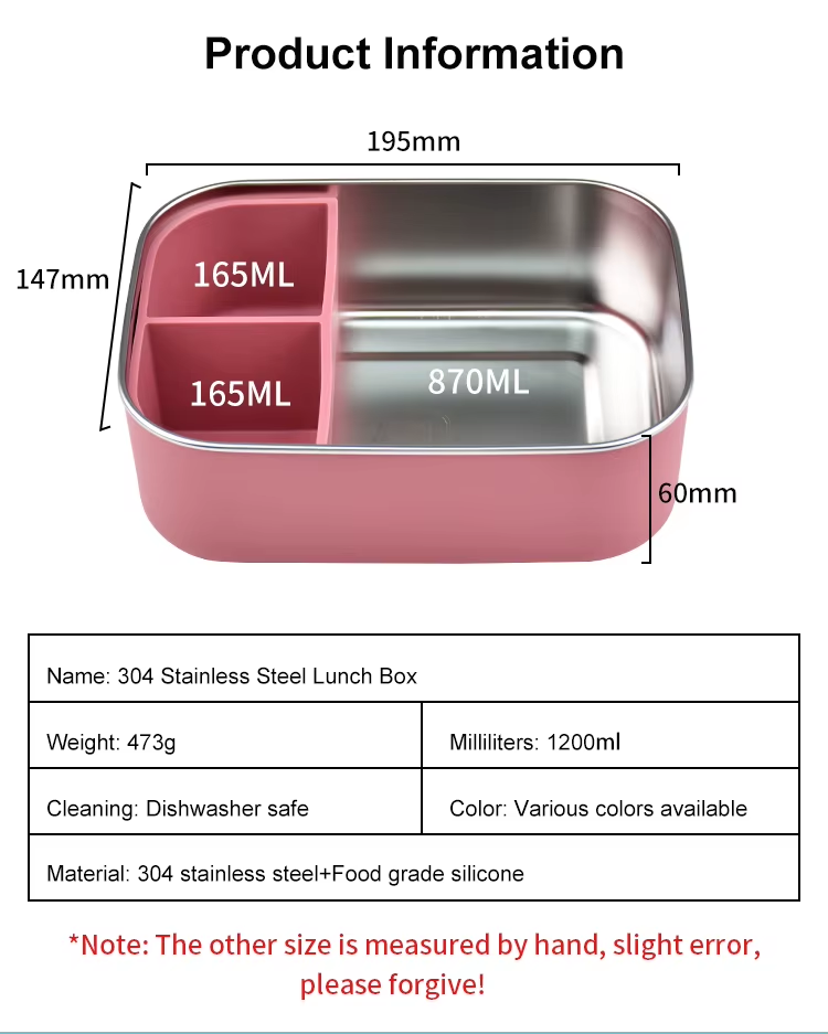 Afmetingen RVS lunchbox: 195 x 147 x 60 mm, vakken 870 en 2 x 165 ml