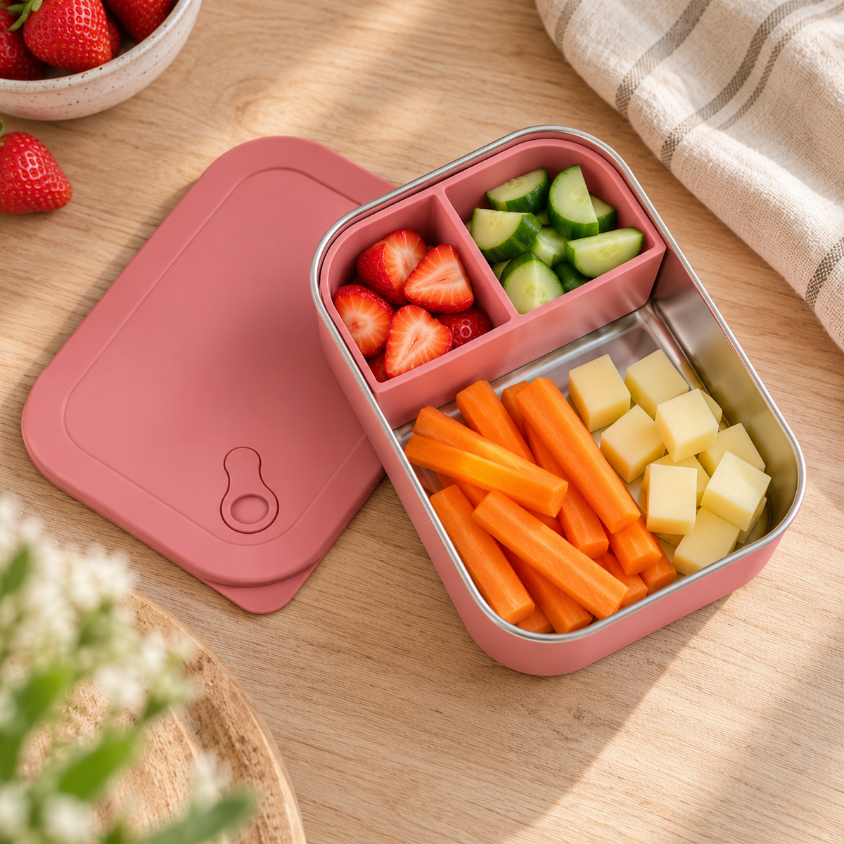RVS lunchbox gevuld met fruit, komkommer en worteltjes op een houten tafel
