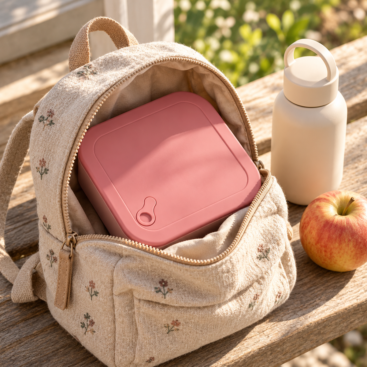 RVS lunchbox in een linnen kinderrugzak naast een drinkfles en appel