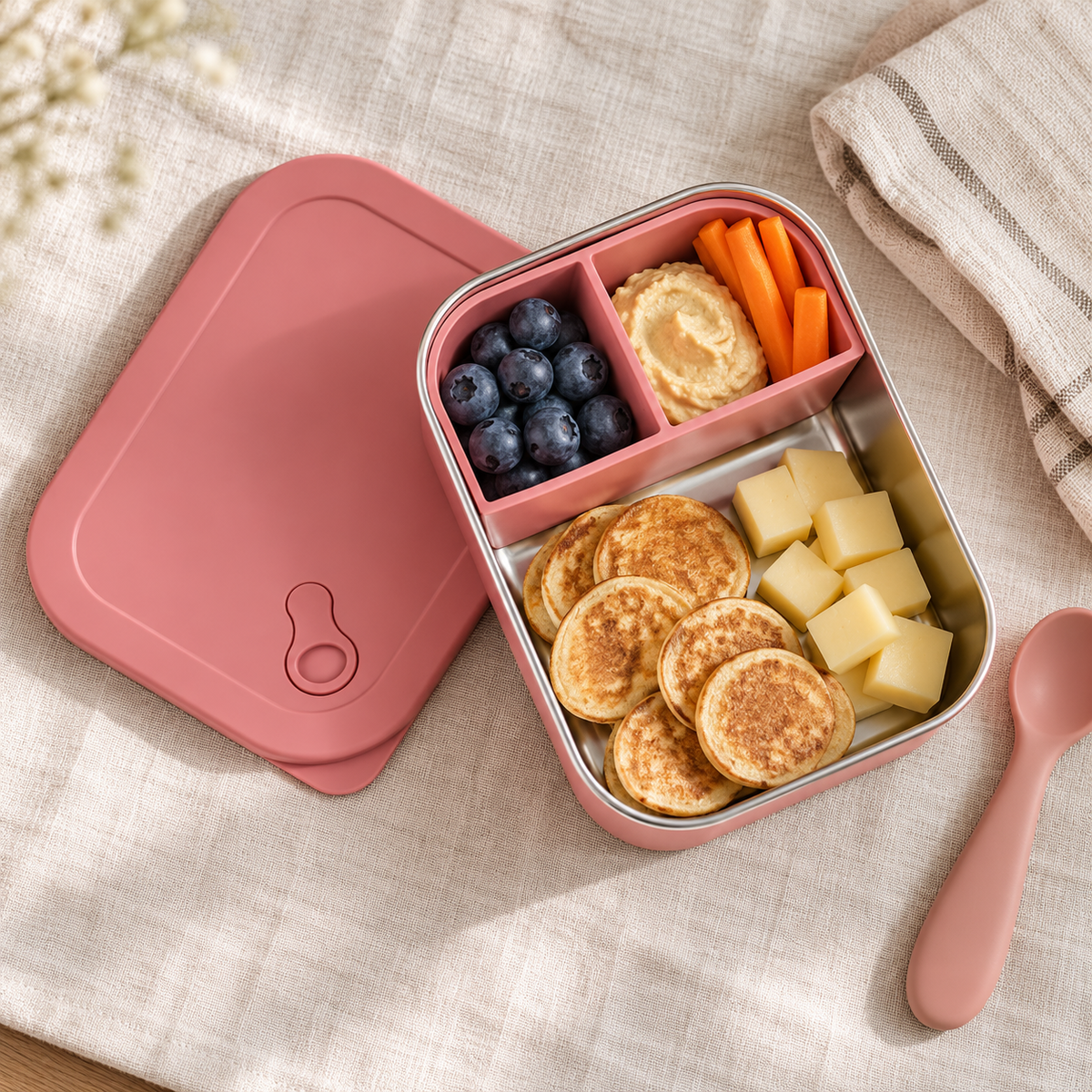 RVS lunchbox van bovenaf met pannenkoekjes, blauwe bessen en wortel