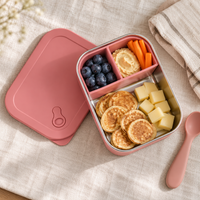 RVS lunchbox van bovenaf met pannenkoekjes, blauwe bessen en wortel