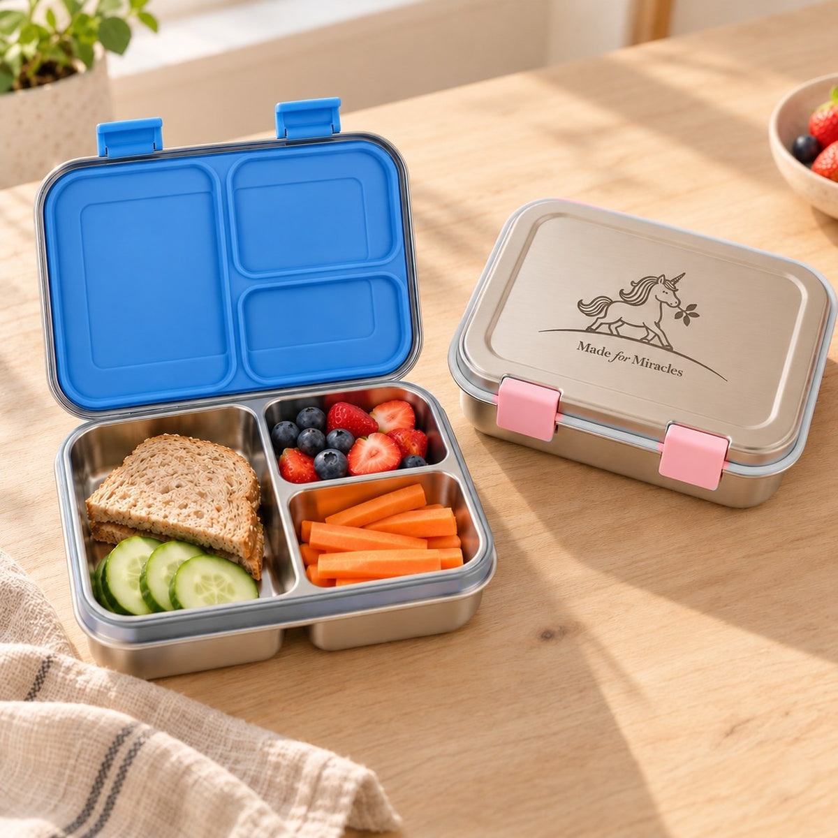 RVS bento lunchbox blauw open met lunch en roze gesloten op de keukentafel