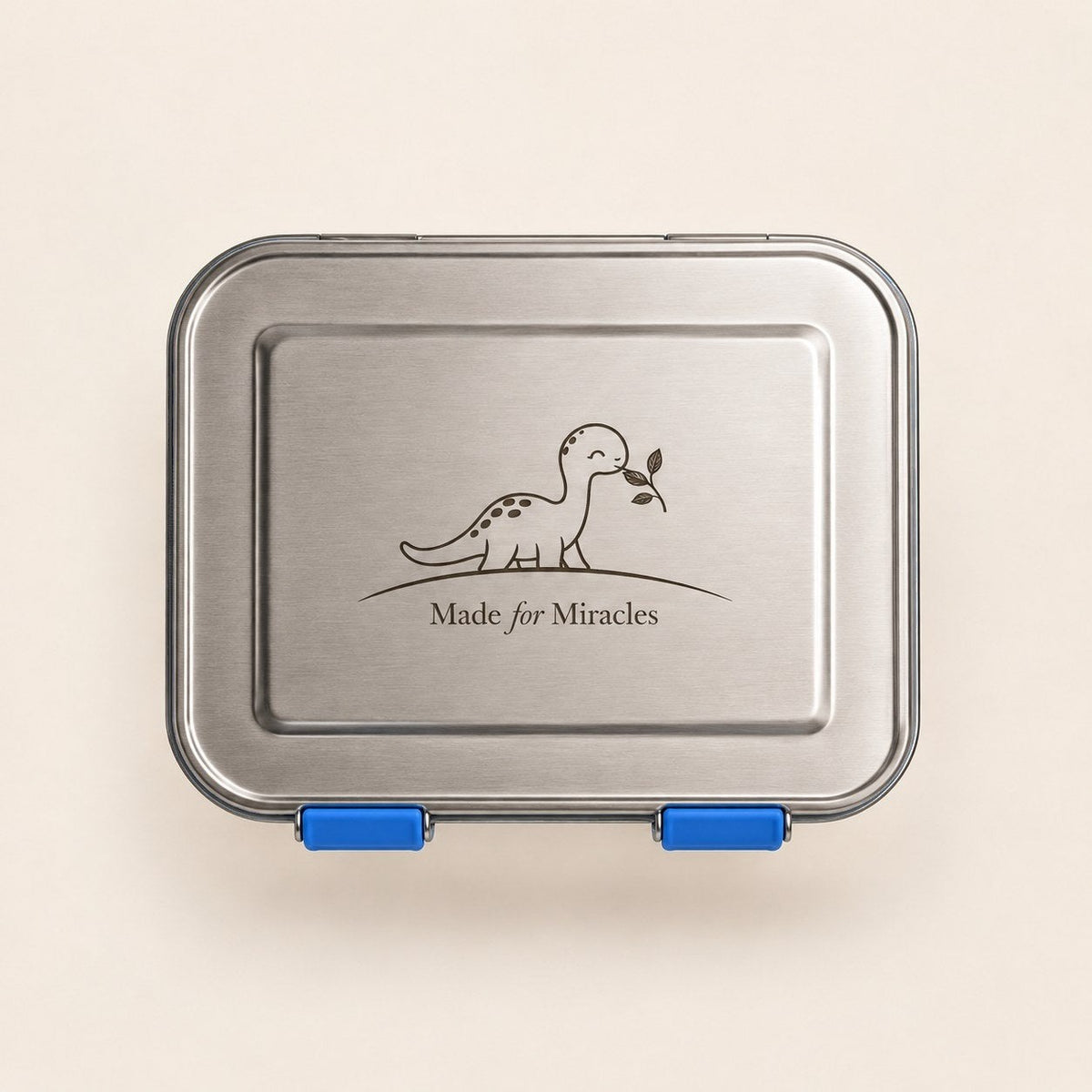 RVS bento lunchbox blauw met dino, bovenaanzicht dicht