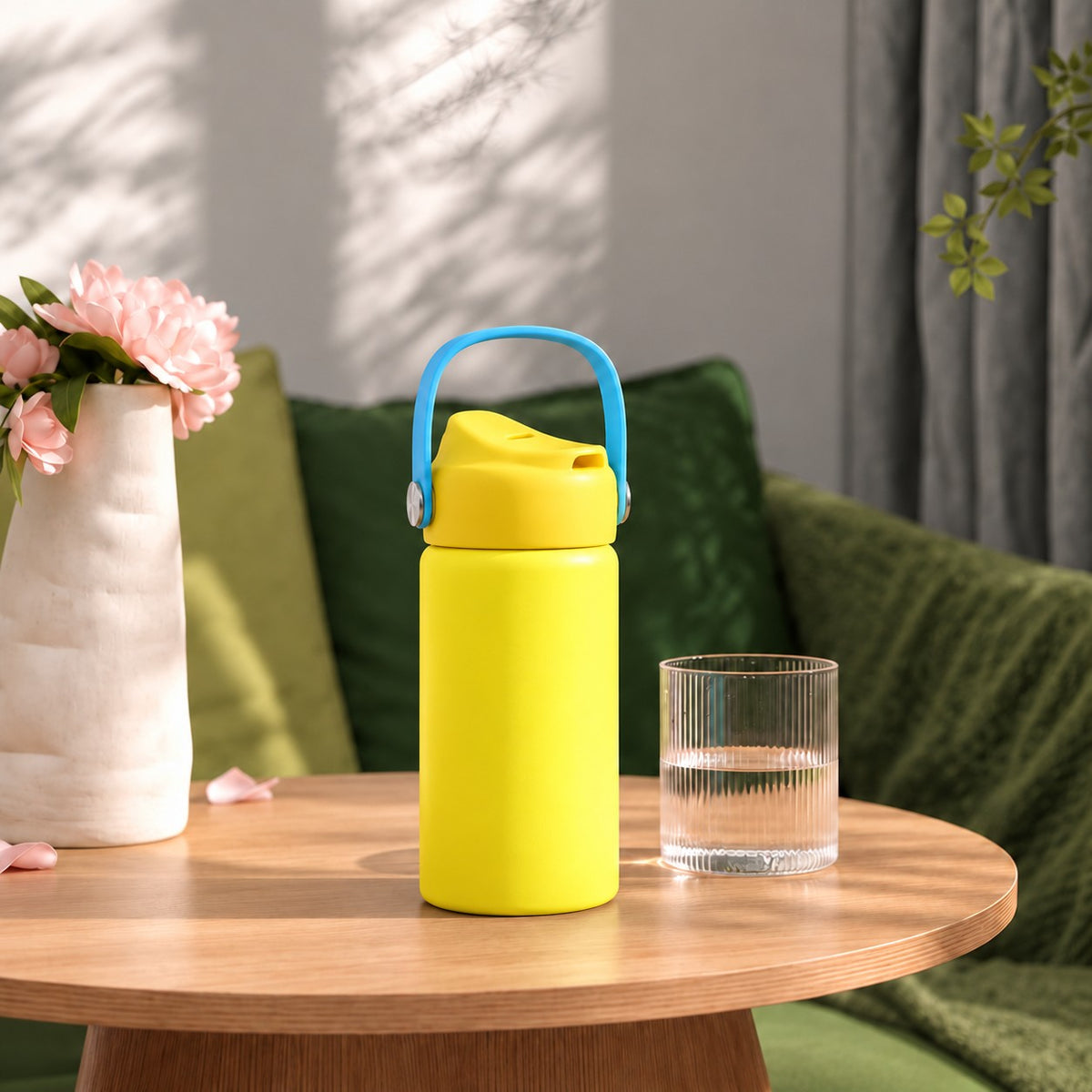 RVS drinkfles geel op een houten bijzettafel