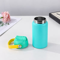 RVS drinkfles turquoise open met RVS binnenrand en dop met handvat ernaast