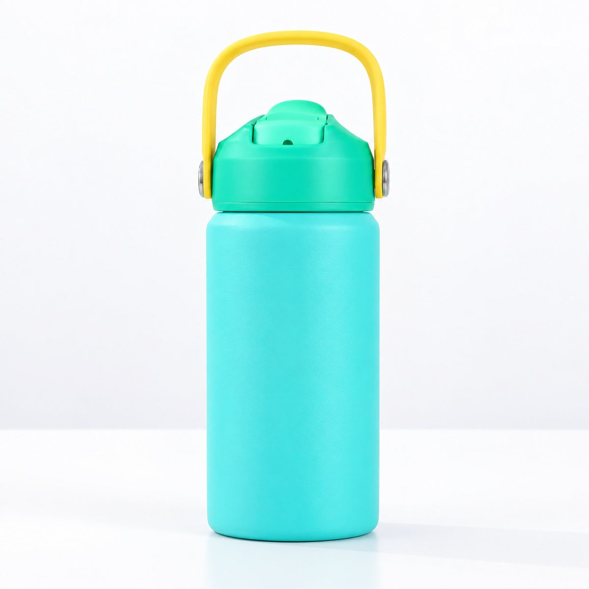 RVS drinkfles turquoise vooraanzicht met handvat omhoog