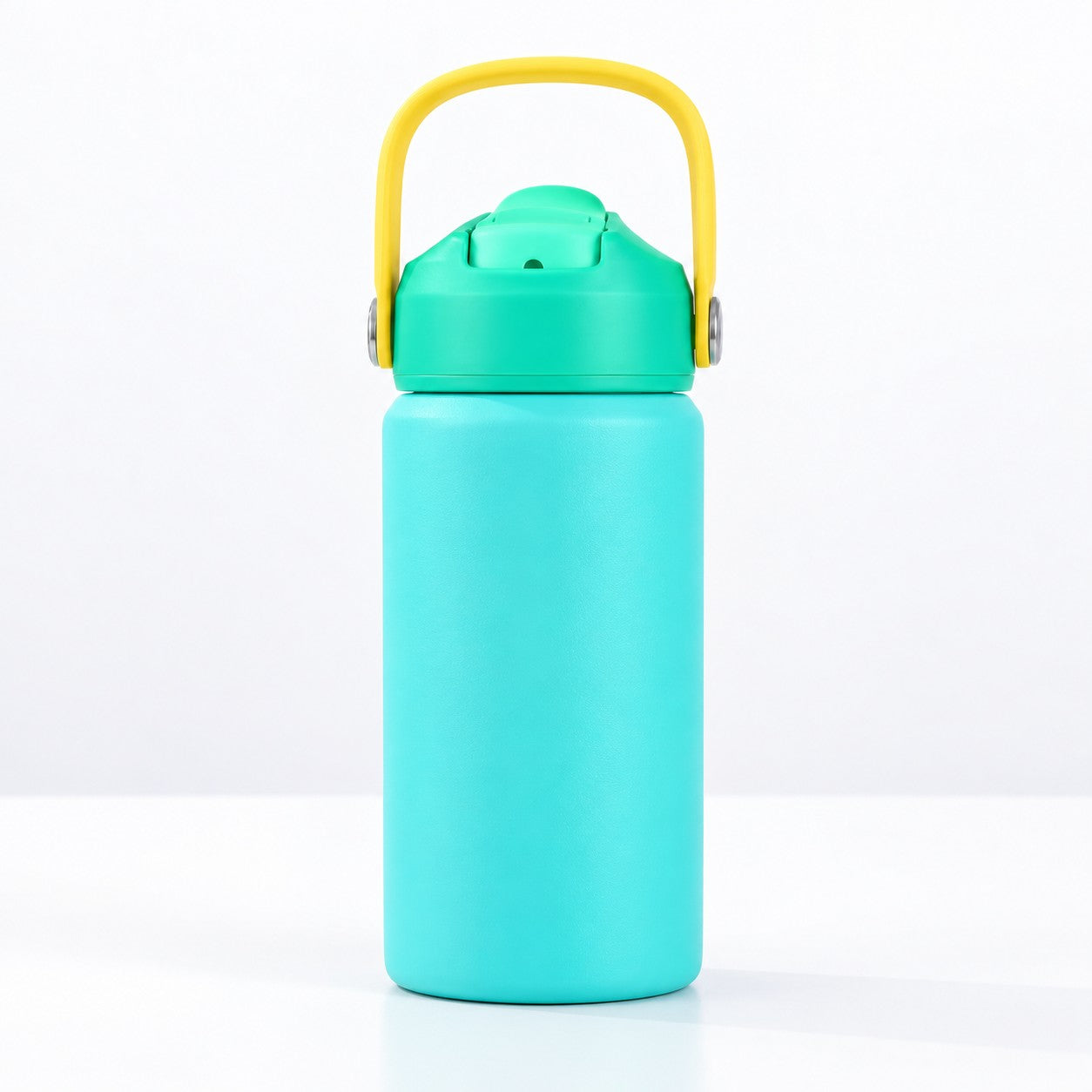RVS drinkfles turquoise vooraanzicht met handvat omhoog