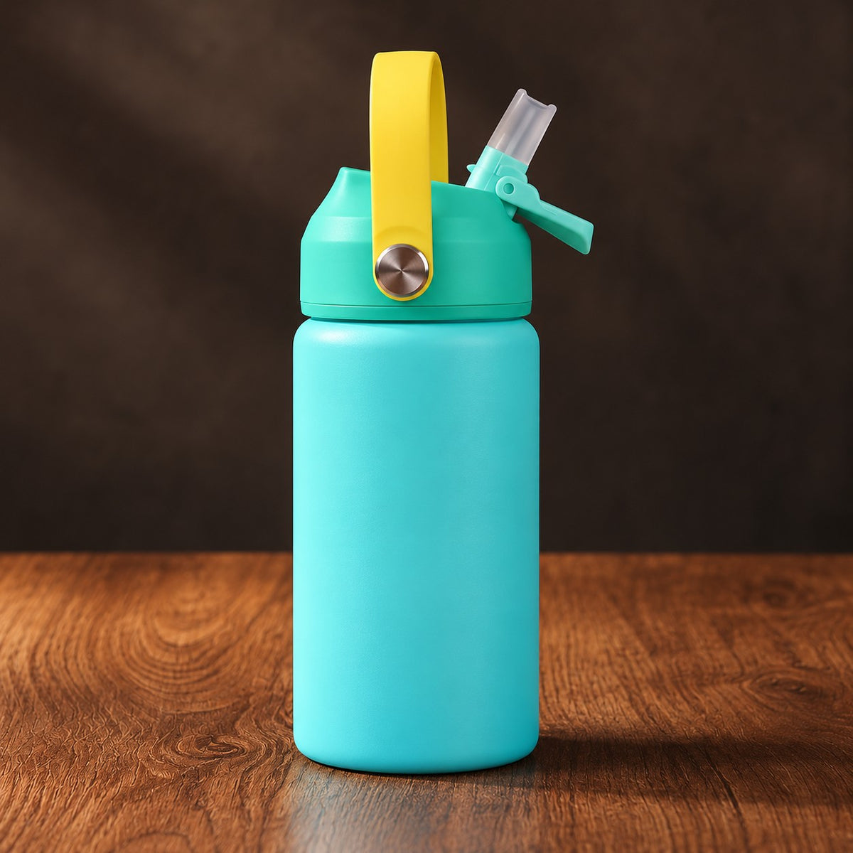 RVS drinkfles turquoise met open rietje op donker hout