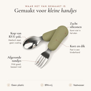 RVS kinderbestek khaki: kop van RVS 316L, zacht siliconen handvat, afgeronde tandjes