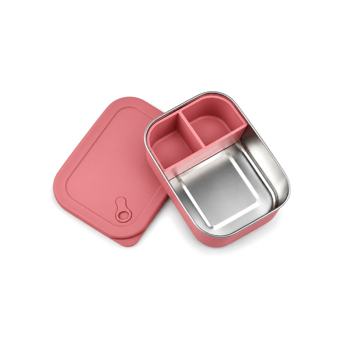 RVS lunchbox met 3 vakken in steenrood, open met deksel ernaast