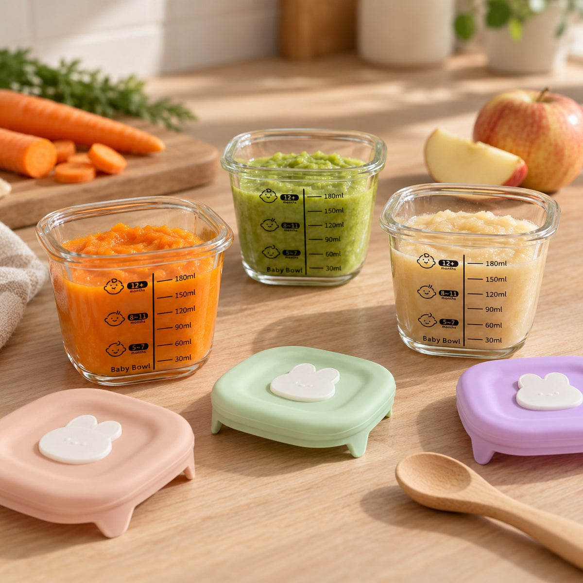 Glazen potjes gevuld met groente- en fruitpuree op houten aanrecht