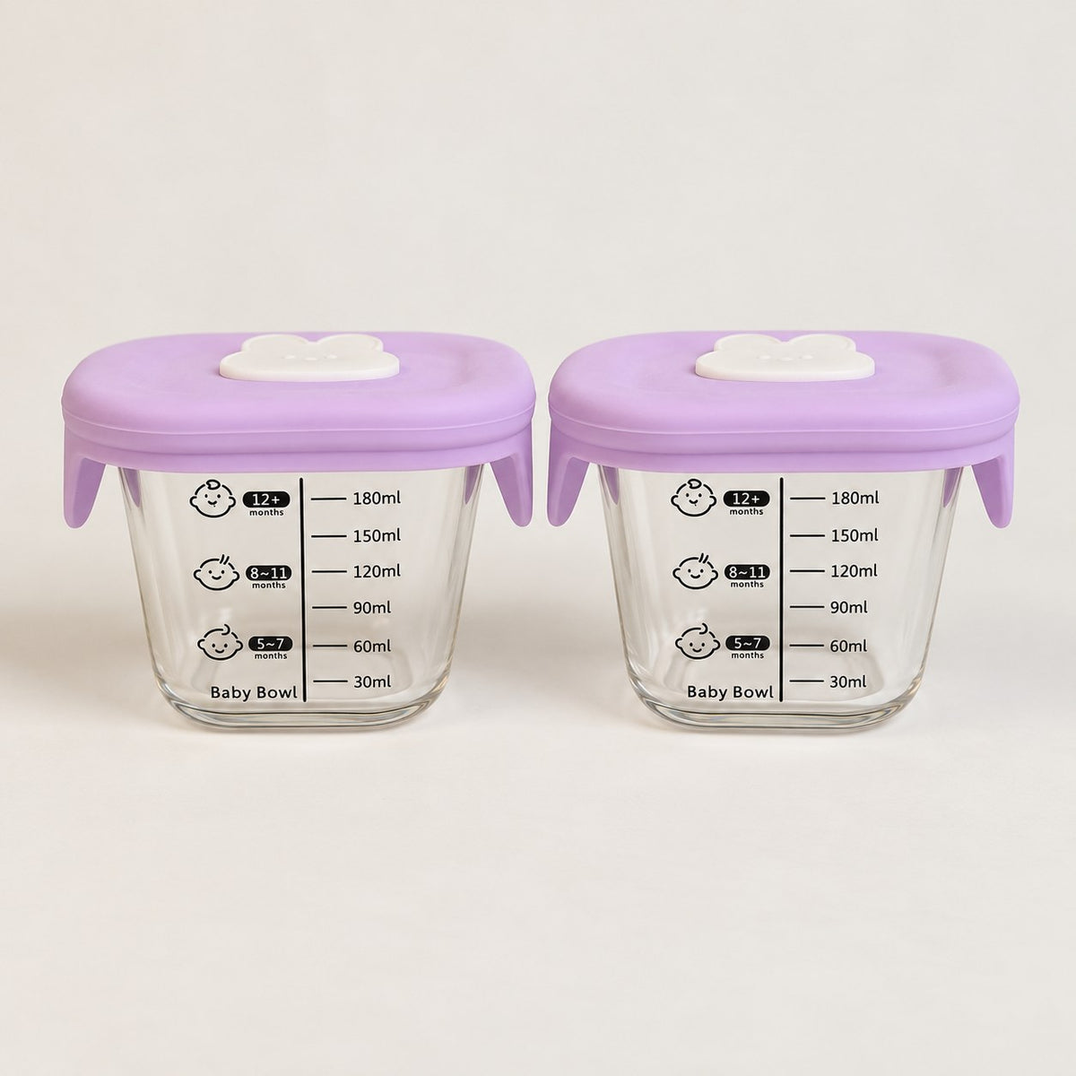 Glazen babyvoedingspotjes met lichtpaars siliconen deksel, 180 ml