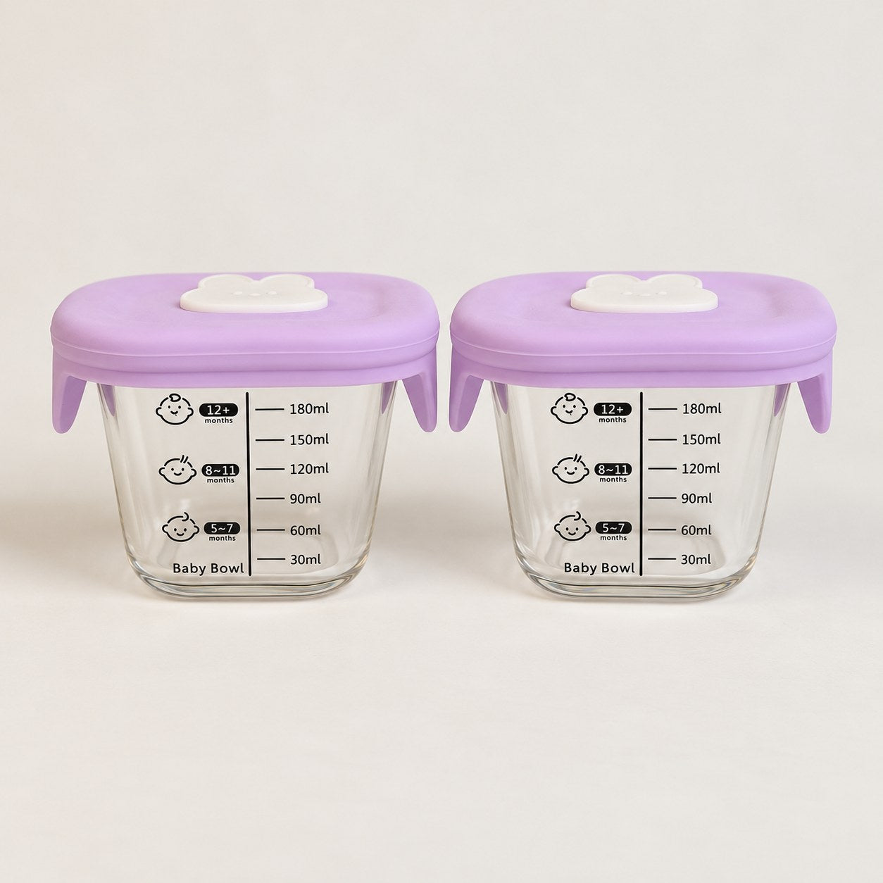 Glazen babyvoedingspotjes met lichtpaars siliconen deksel, 180 ml