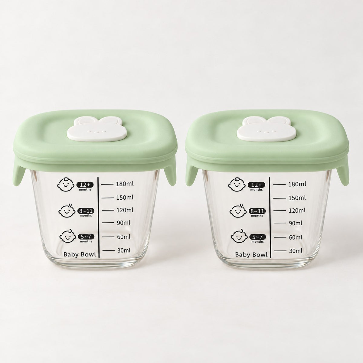 Glazen babyvoedingspotjes met saliegroen siliconen deksel, 180 ml