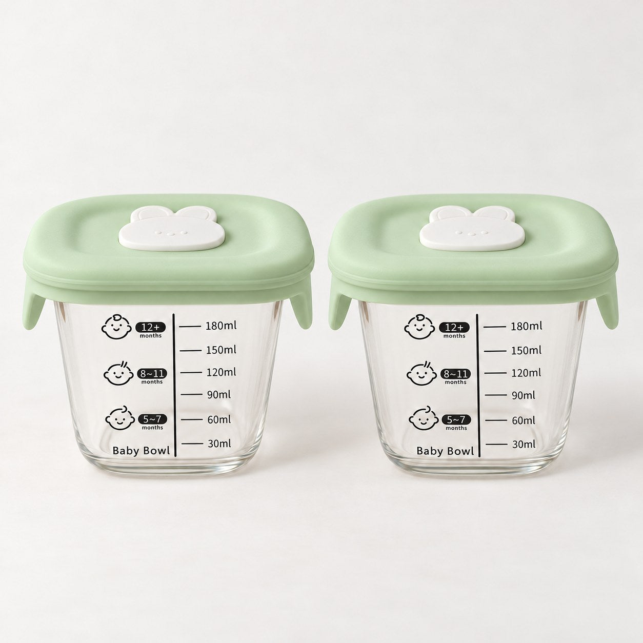 Glazen babyvoedingspotjes met saliegroen siliconen deksel, 180 ml