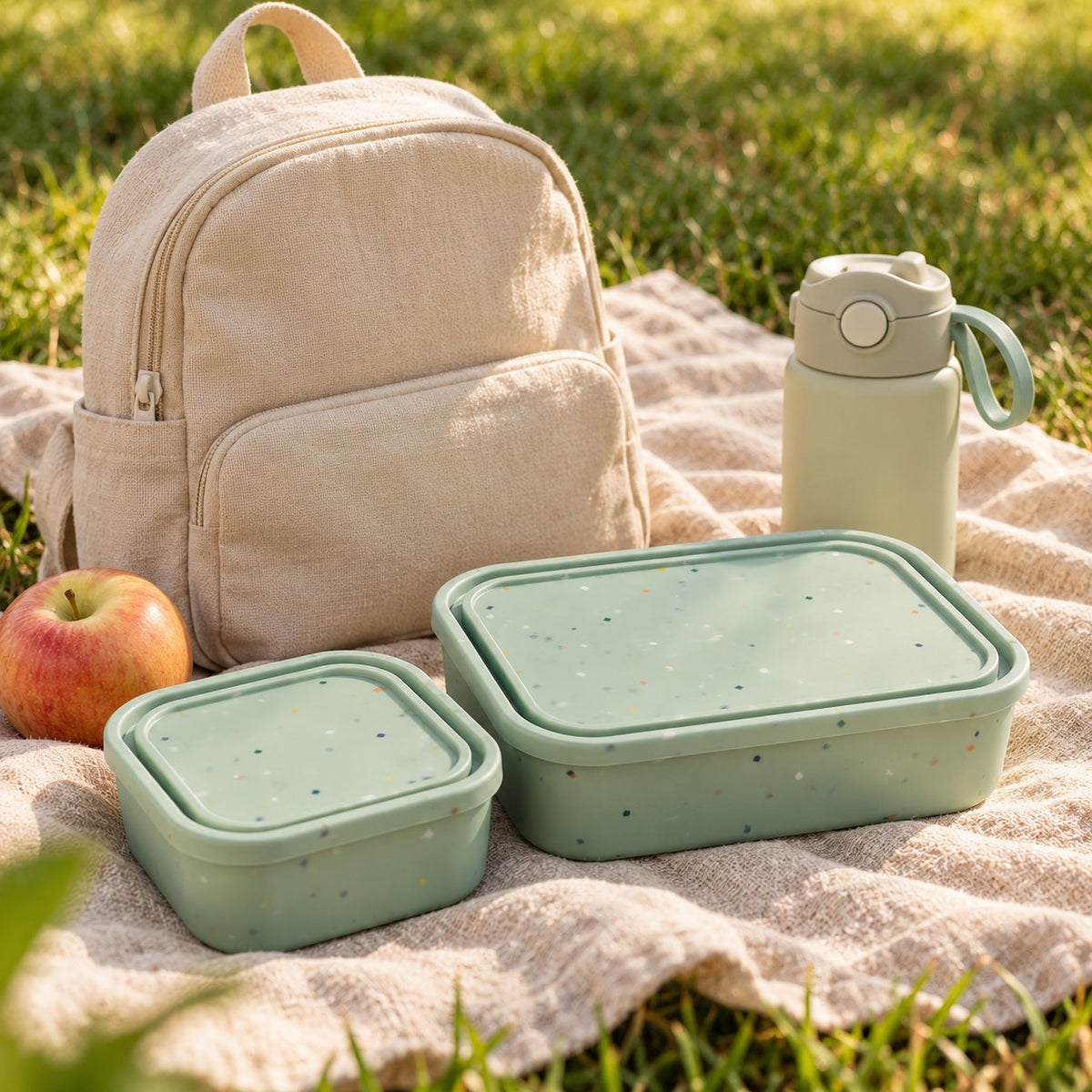 Terrazzo lunchbox saliegroen met rugzakje op picknickkleed