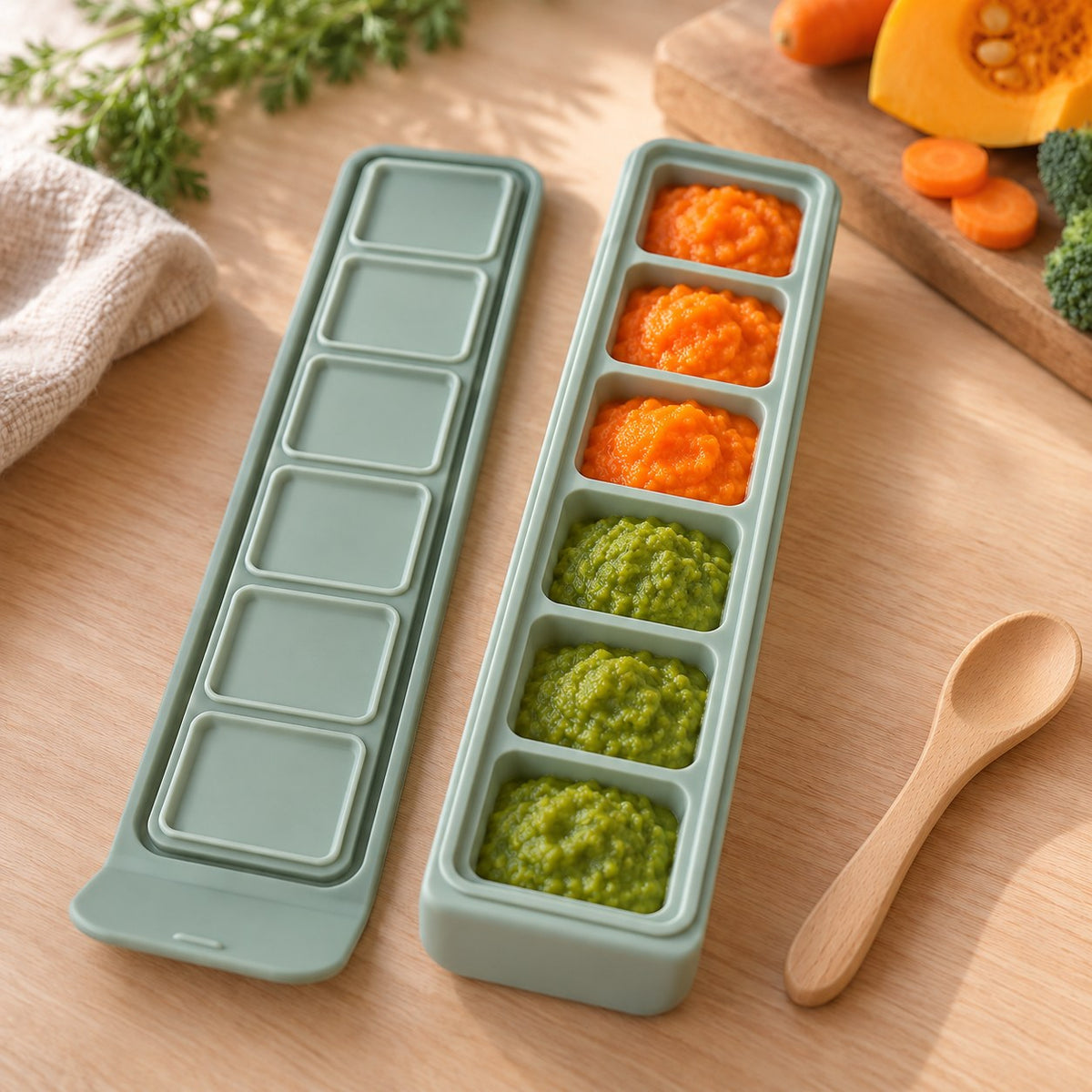 Vriestray gevuld met wortel- en erwtenpuree