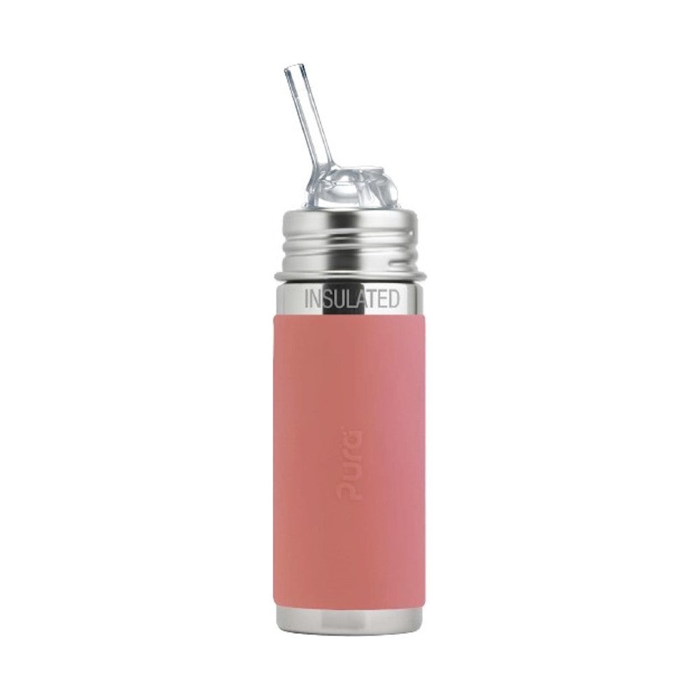 Pura thermos rietjesfles 260 ml met roze Rose sleeve